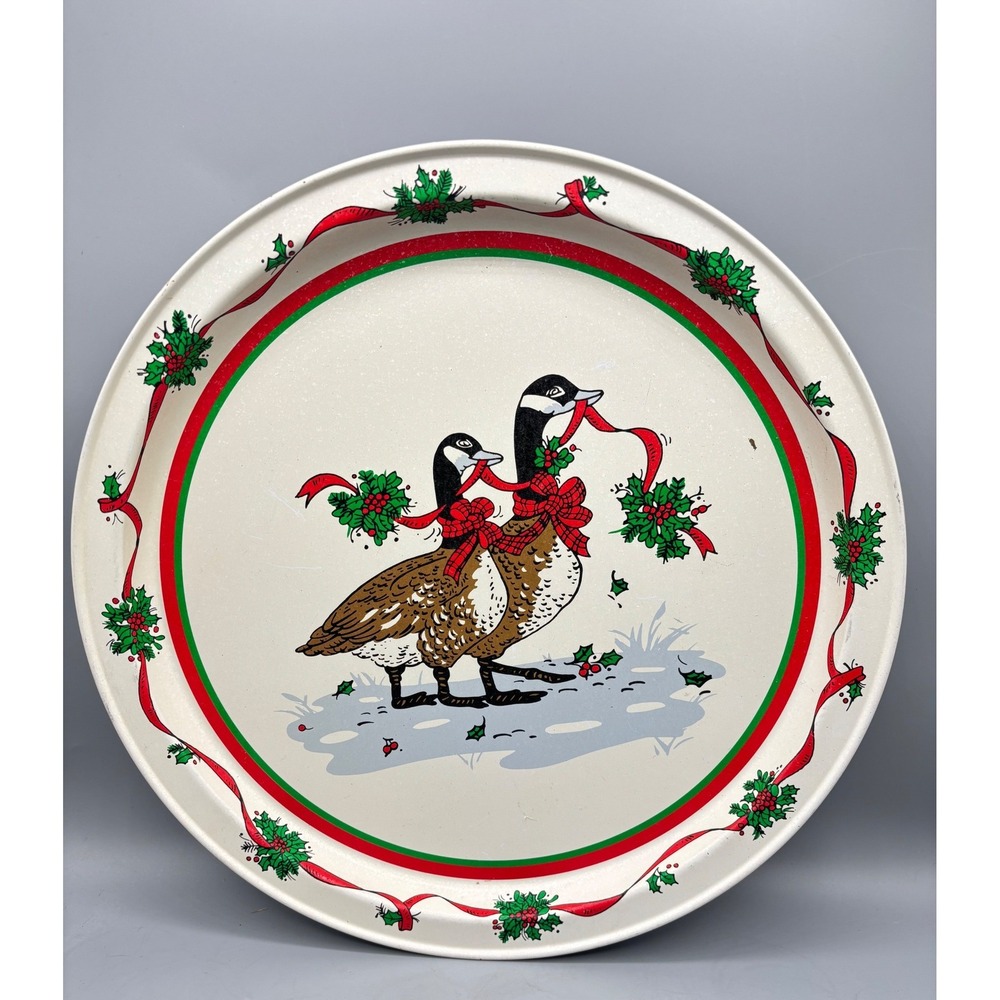 Vtg‎ Potpourri Press Christmas Tray Canadian Geese Holly Ribbon Metal 1985